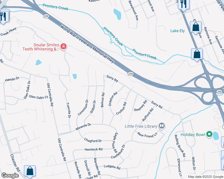 map of restaurants, bars, coffee shops, grocery stores, and more near 10815 Surry Circle in Chester