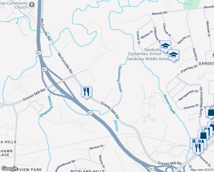 map of restaurants, bars, coffee shops, grocery stores, and more near 119 Leroy Bowen Drive in Lynchburg