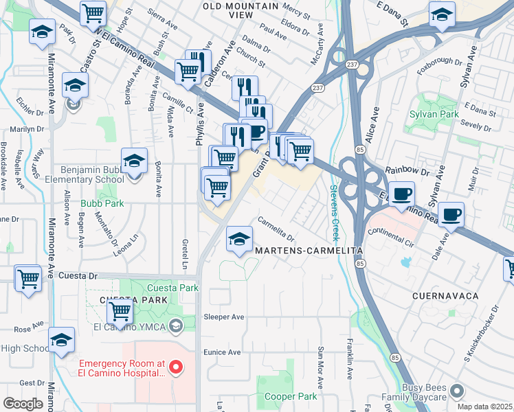 map of restaurants, bars, coffee shops, grocery stores, and more near 210 Marianne Court in Mountain View