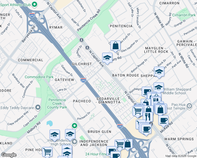 map of restaurants, bars, coffee shops, grocery stores, and more near 682 Galleon Court in San Jose
