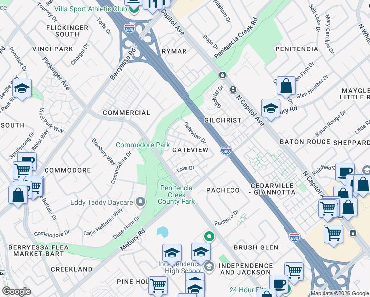 map of restaurants, bars, coffee shops, grocery stores, and more near 827 Southgrove Drive in San Jose