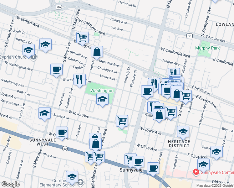 map of restaurants, bars, coffee shops, grocery stores, and more near 238 South Pastoria Avenue in Sunnyvale