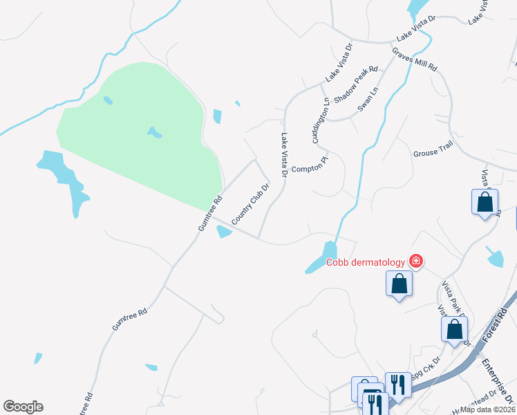 map of restaurants, bars, coffee shops, grocery stores, and more near 1001-1199 Country Club Drive in Forest
