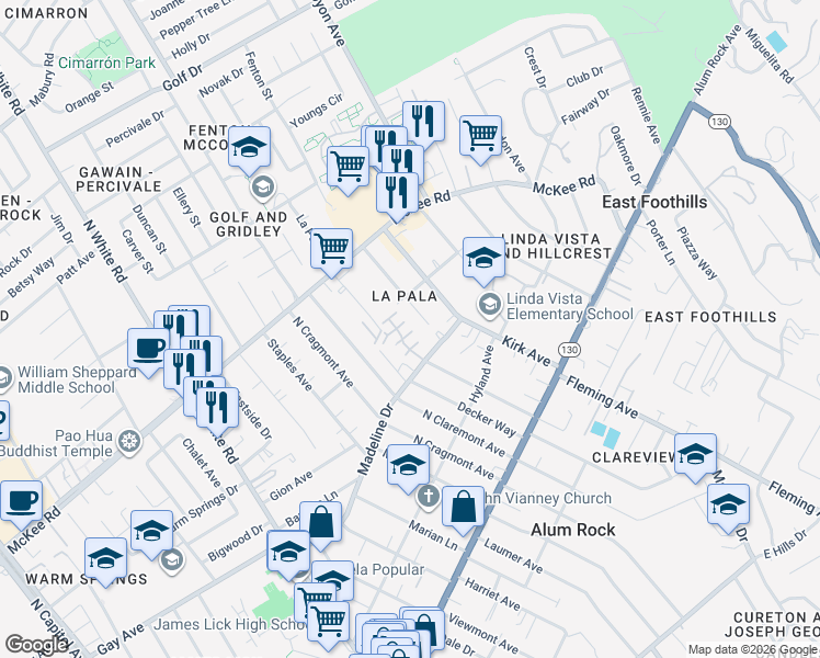 map of restaurants, bars, coffee shops, grocery stores, and more near 3801 Fontveille Court in San Jose