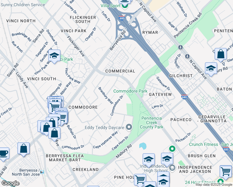 map of restaurants, bars, coffee shops, grocery stores, and more near 2044 Shellback Place in San Jose