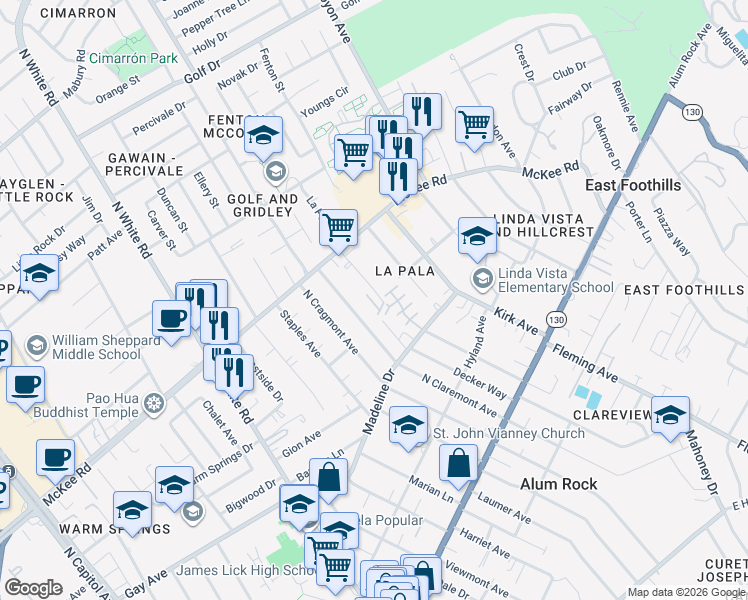 map of restaurants, bars, coffee shops, grocery stores, and more near 245 La Pala Drive in San Jose