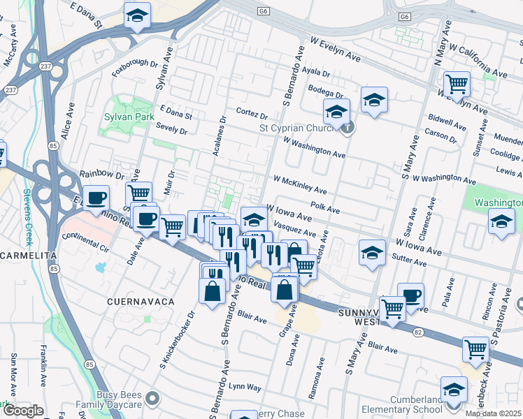 map of restaurants, bars, coffee shops, grocery stores, and more near 1198 West Iowa Avenue in Sunnyvale