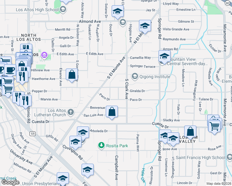 map of restaurants, bars, coffee shops, grocery stores, and more near 307 Ramon Drive in Los Altos