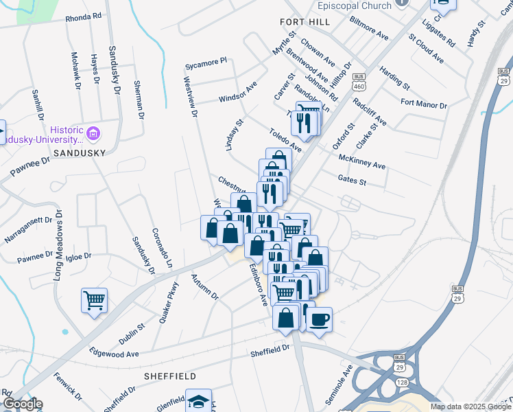 map of restaurants, bars, coffee shops, grocery stores, and more near 1120 Highland Drive in Lynchburg