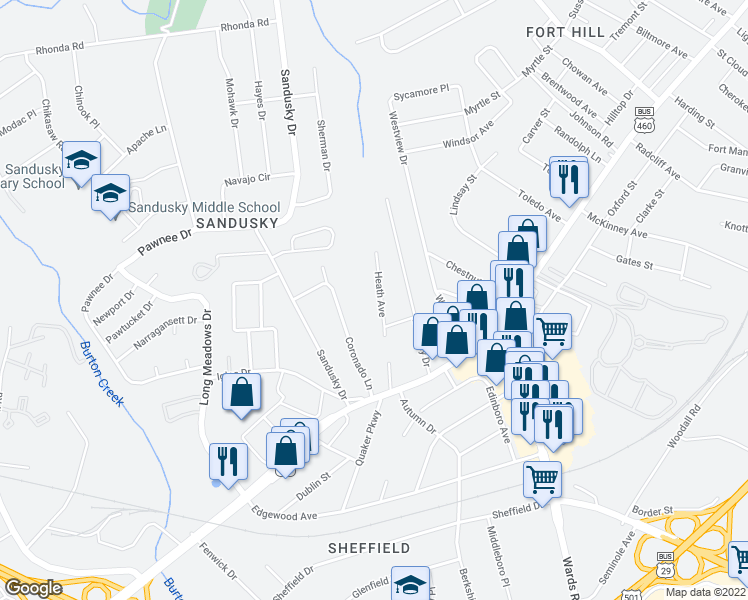 map of restaurants, bars, coffee shops, grocery stores, and more near 1126 Heath Avenue in Lynchburg