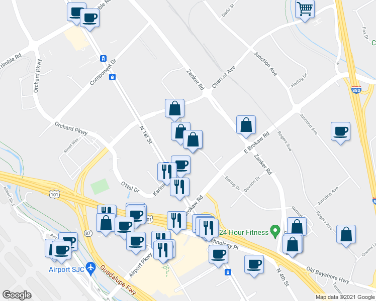 map of restaurants, bars, coffee shops, grocery stores, and more near 2109 Bering Dr in San Jose