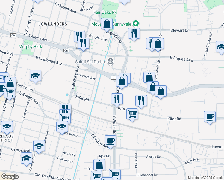 map of restaurants, bars, coffee shops, grocery stores, and more near 155 North Wolfe Road in Sunnyvale