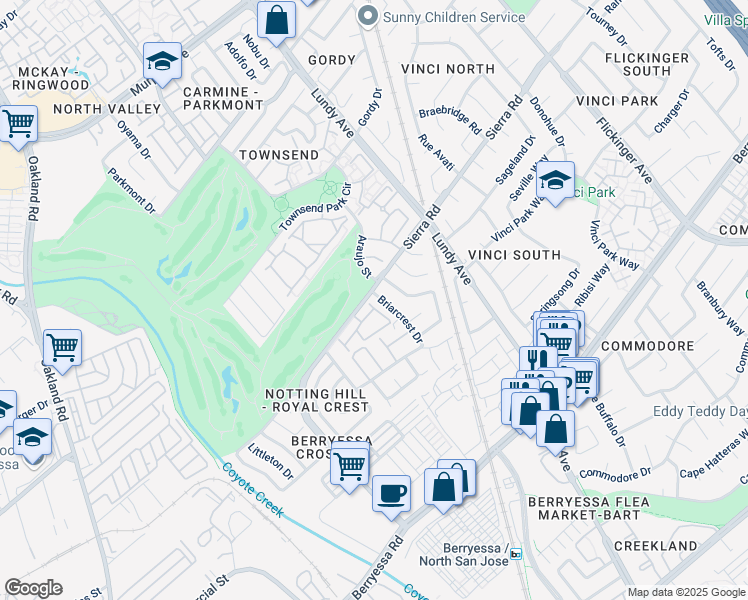 map of restaurants, bars, coffee shops, grocery stores, and more near 1603 Thorncrest Drive in San Jose