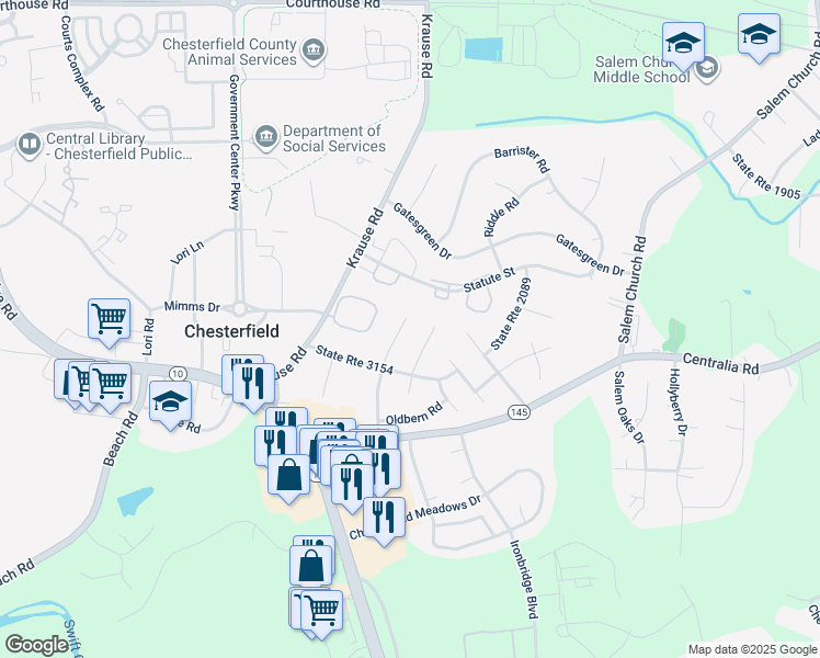 map of restaurants, bars, coffee shops, grocery stores, and more near 9807 Nott Lane in Chesterfield
