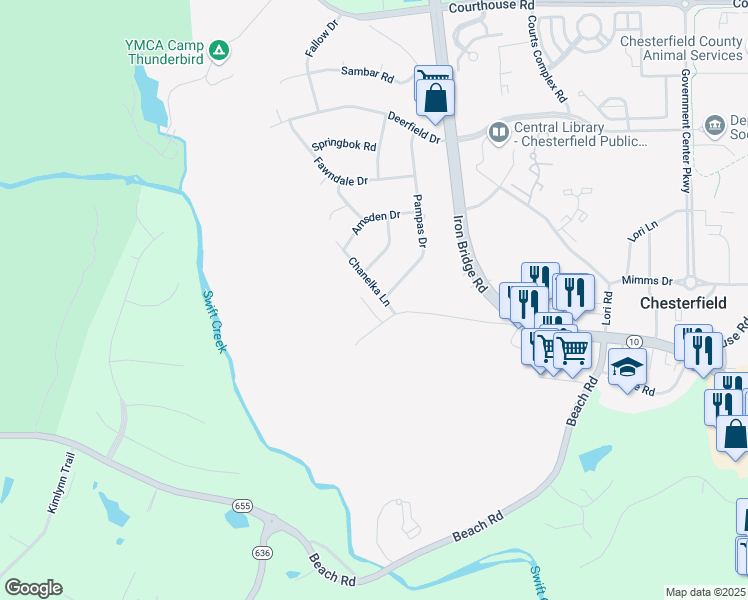 map of restaurants, bars, coffee shops, grocery stores, and more near 9822 Chanelka Lane in Chesterfield