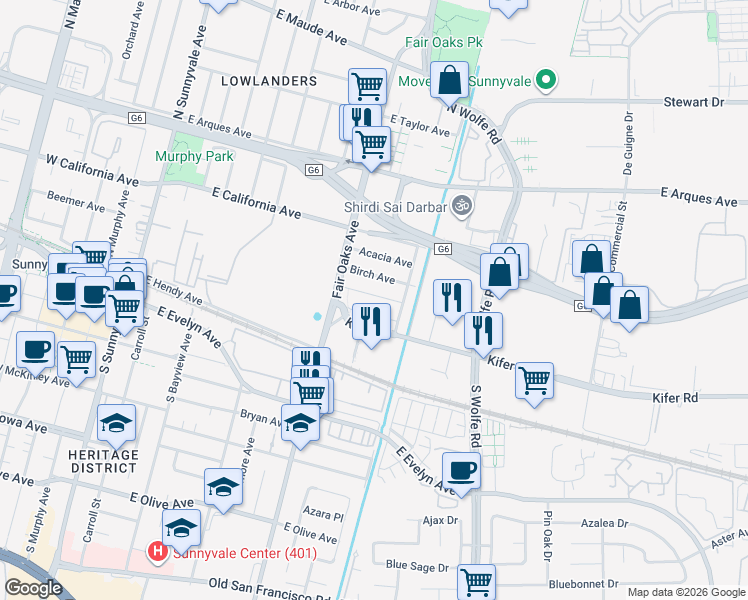 map of restaurants, bars, coffee shops, grocery stores, and more near 878 Cedar Avenue in Sunnyvale