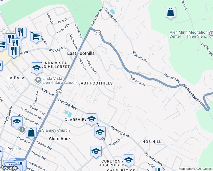 map of restaurants, bars, coffee shops, grocery stores, and more near 10804 Hubbard Way in San Jose