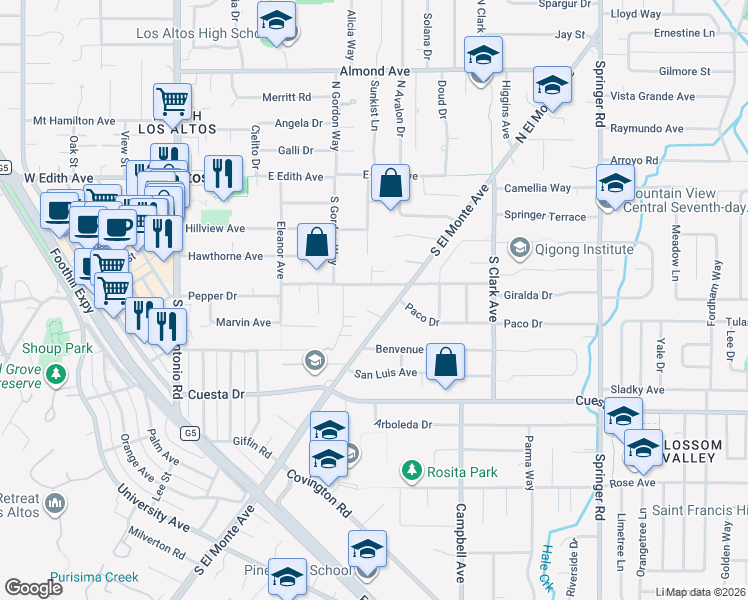 map of restaurants, bars, coffee shops, grocery stores, and more near 351 Edna Court in Los Altos