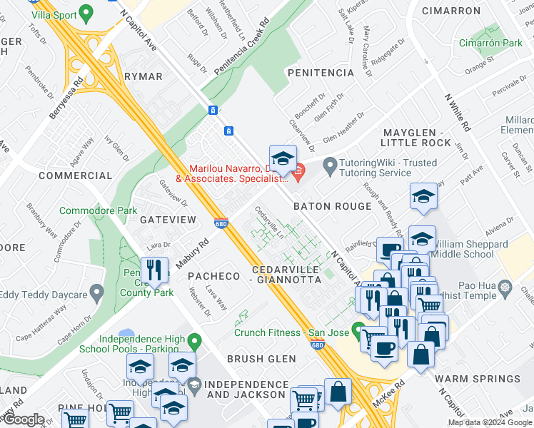 map of restaurants, bars, coffee shops, grocery stores, and more near 734 Cedarville Lane in San Jose