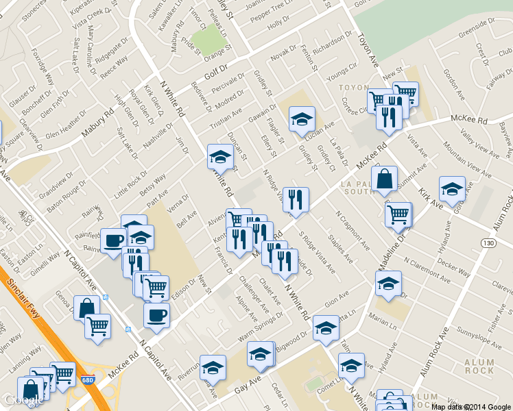 map of restaurants, bars, coffee shops, grocery stores, and more near 410 North White Road in San Jose