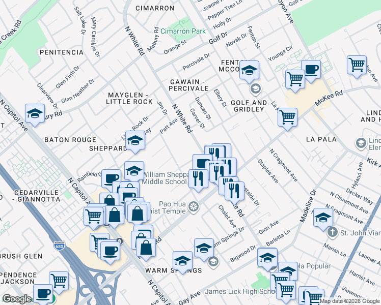 map of restaurants, bars, coffee shops, grocery stores, and more near 3031 Alviena Drive in San Jose