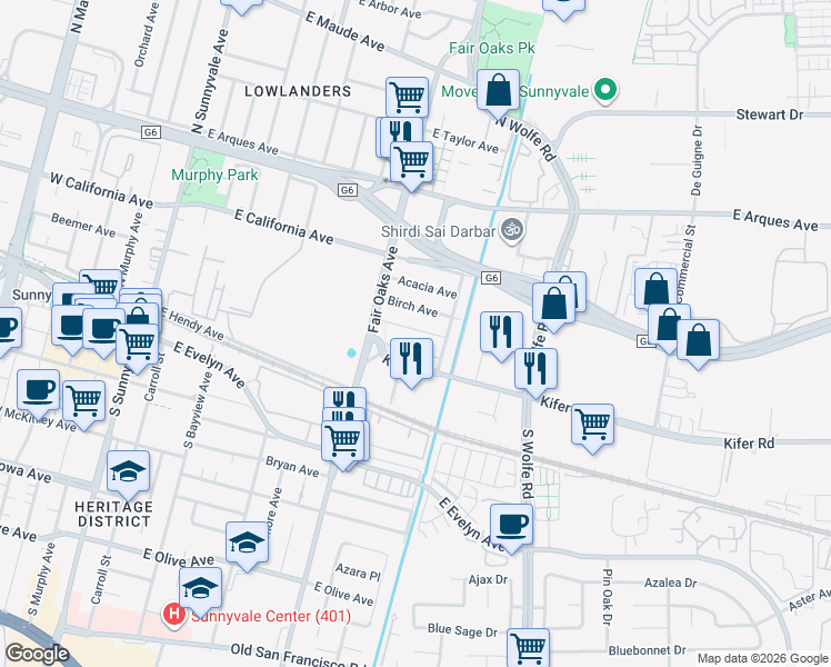 map of restaurants, bars, coffee shops, grocery stores, and more near 878 Cedar Avenue in Sunnyvale