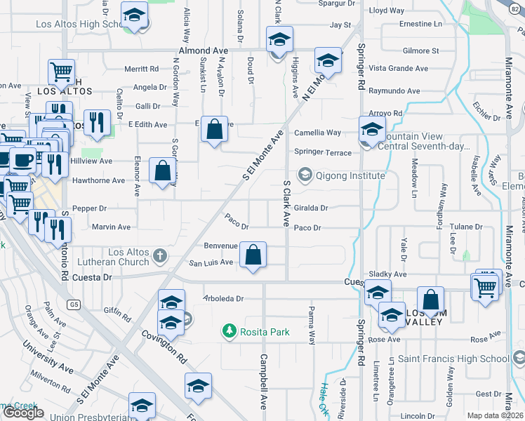 map of restaurants, bars, coffee shops, grocery stores, and more near 307 Ramon Drive in Los Altos