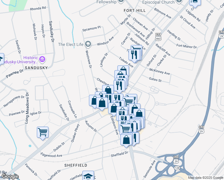map of restaurants, bars, coffee shops, grocery stores, and more near 1120 Highland Drive in Lynchburg