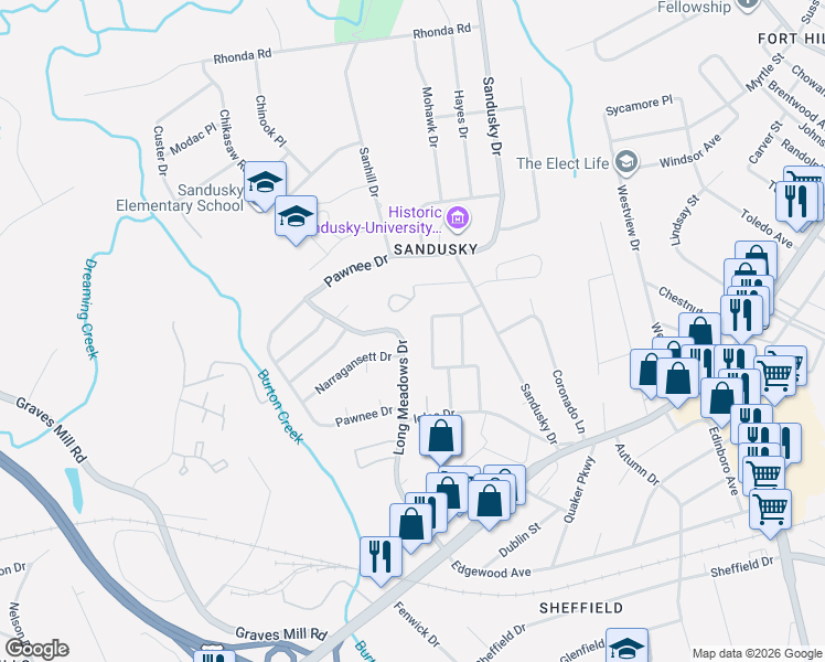 map of restaurants, bars, coffee shops, grocery stores, and more near 1045 Long Meadows Drive in Lynchburg