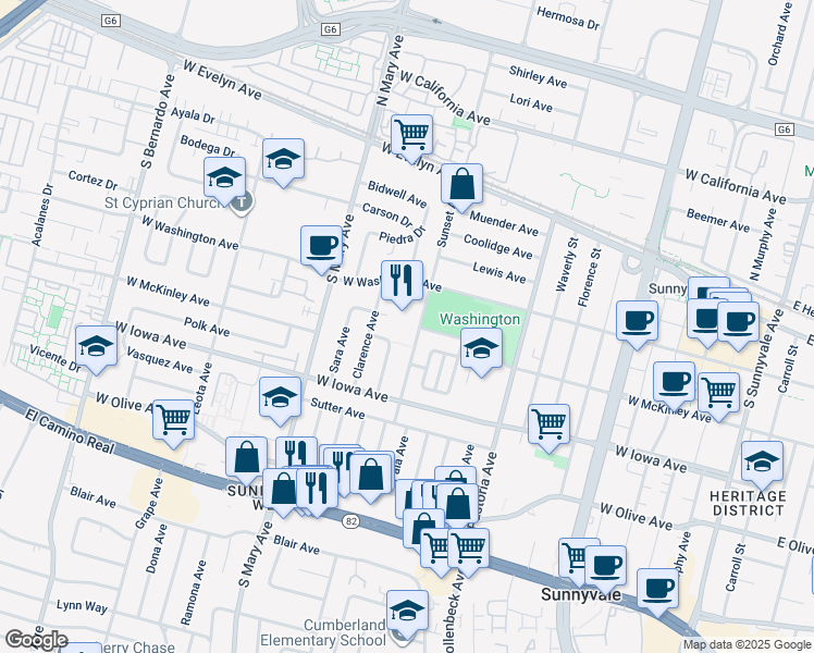 map of restaurants, bars, coffee shops, grocery stores, and more near 231 Sunset Avenue in Sunnyvale
