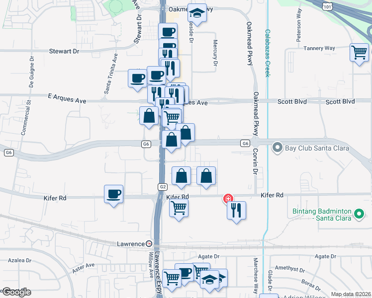 map of restaurants, bars, coffee shops, grocery stores, and more near 3500 Ryder Street in Santa Clara