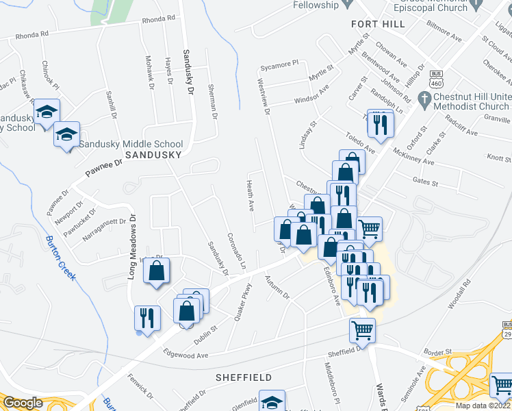 map of restaurants, bars, coffee shops, grocery stores, and more near 1126 Heath Avenue in Lynchburg