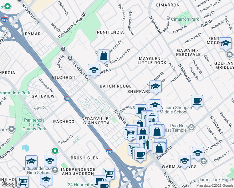 map of restaurants, bars, coffee shops, grocery stores, and more near in San Jose