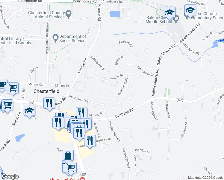 map of restaurants, bars, coffee shops, grocery stores, and more near 6208 Holly Trace Drive in Chesterfield