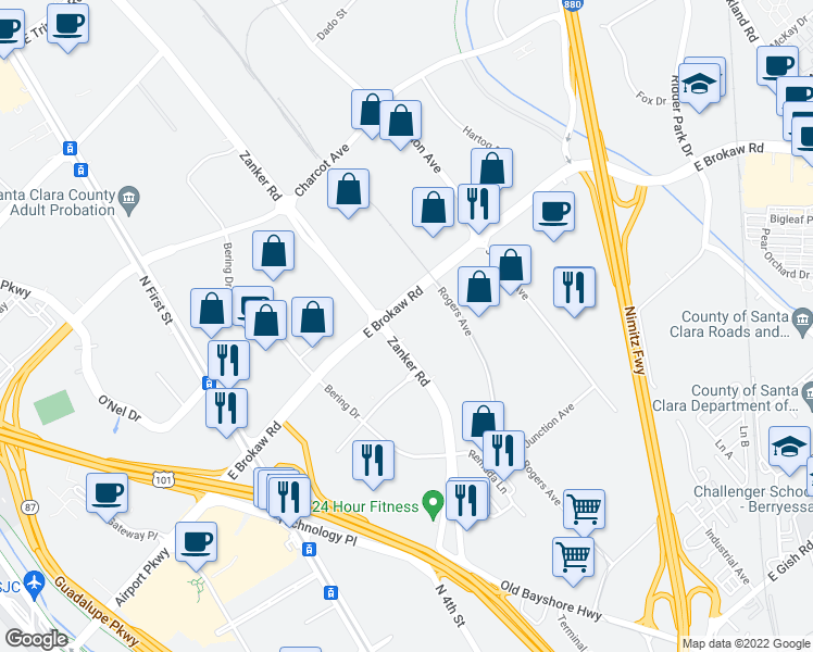 map of restaurants, bars, coffee shops, grocery stores, and more near 1982 Zanker Road in San Jose