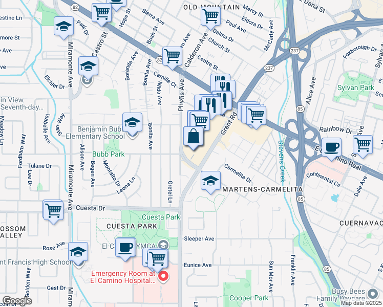 map of restaurants, bars, coffee shops, grocery stores, and more near 1421 Tyler Park Way in Mountain View