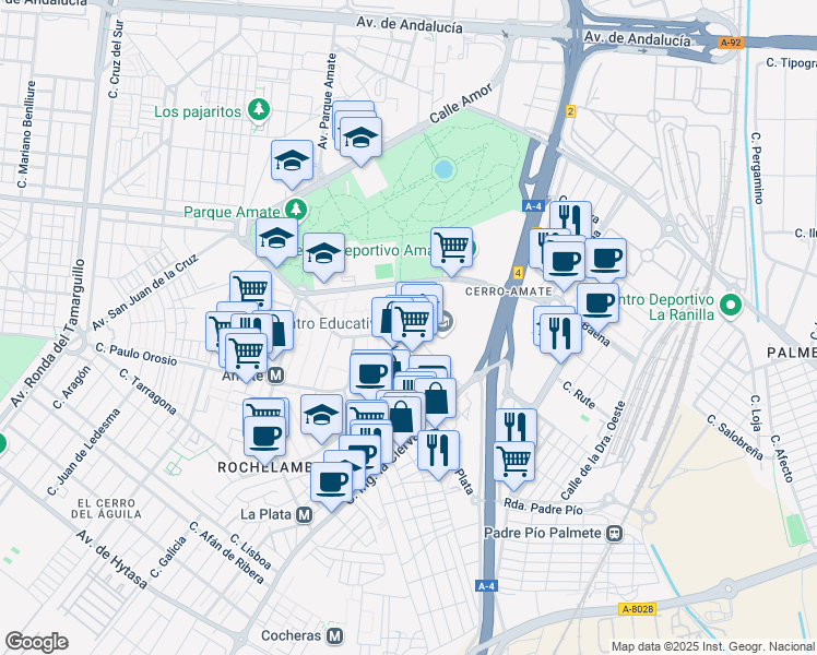 map of restaurants, bars, coffee shops, grocery stores, and more near 13 Calle Eva Cervantes in Sevilla