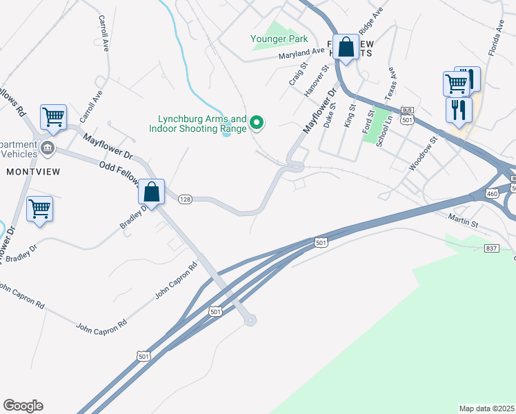 map of restaurants, bars, coffee shops, grocery stores, and more near 2558-2616 Mayflower Drive in Lynchburg