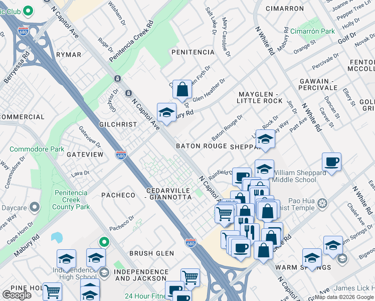 map of restaurants, bars, coffee shops, grocery stores, and more near 2655 Baton Rouge Drive in San Jose