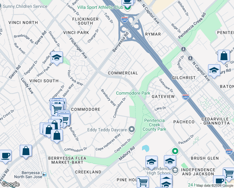 map of restaurants, bars, coffee shops, grocery stores, and more near 2044 Shellback Place in San Jose