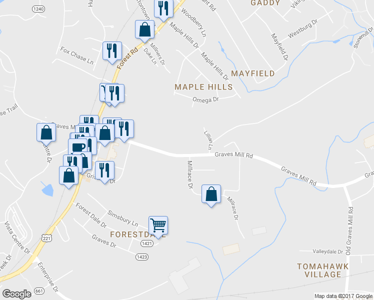 map of restaurants, bars, coffee shops, grocery stores, and more near 1658 Graves Mill Road in Lynchburg