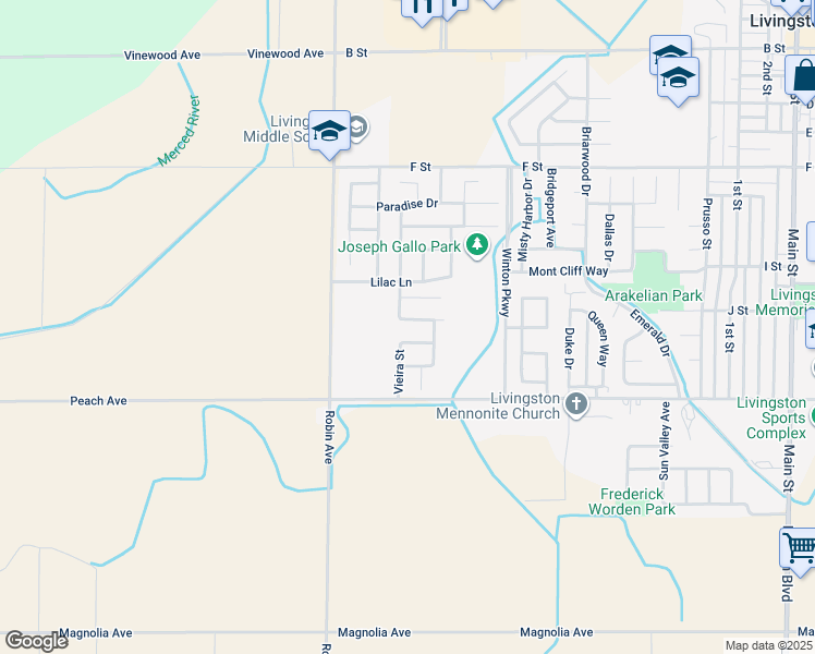map of restaurants, bars, coffee shops, grocery stores, and more near 345 Live Oak Way in Livingston