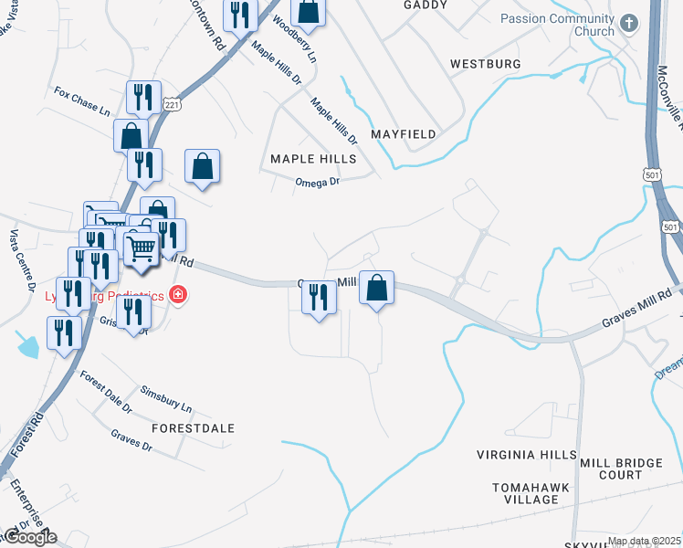 map of restaurants, bars, coffee shops, grocery stores, and more near 1614 Graves Mill Road in Lynchburg