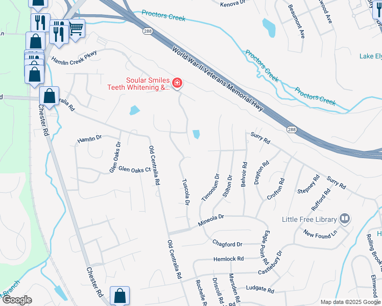 map of restaurants, bars, coffee shops, grocery stores, and more near 10806 Tuscola Drive in Chester