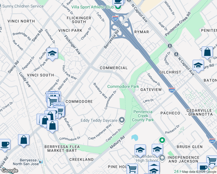 map of restaurants, bars, coffee shops, grocery stores, and more near 2044 Shellback Place in San Jose