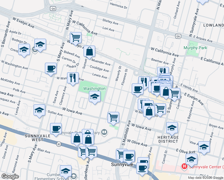 map of restaurants, bars, coffee shops, grocery stores, and more near 238 South Pastoria Avenue in Sunnyvale