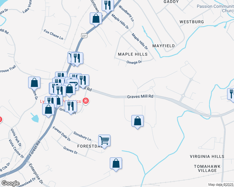 map of restaurants, bars, coffee shops, grocery stores, and more near 1658 Graves Mill Road in Lynchburg