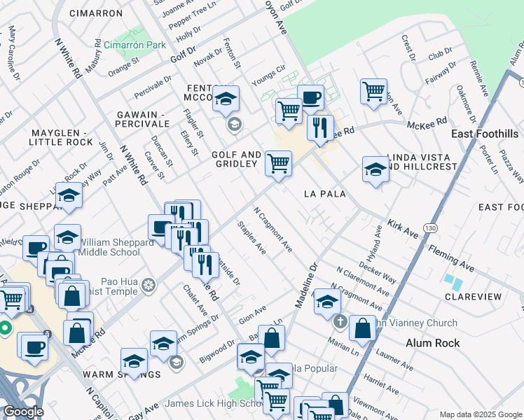 map of restaurants, bars, coffee shops, grocery stores, and more near 292 North Cragmont Avenue in San Jose