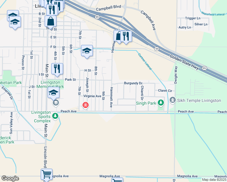 map of restaurants, bars, coffee shops, grocery stores, and more near 1449 Hammatt Avenue in Livingston