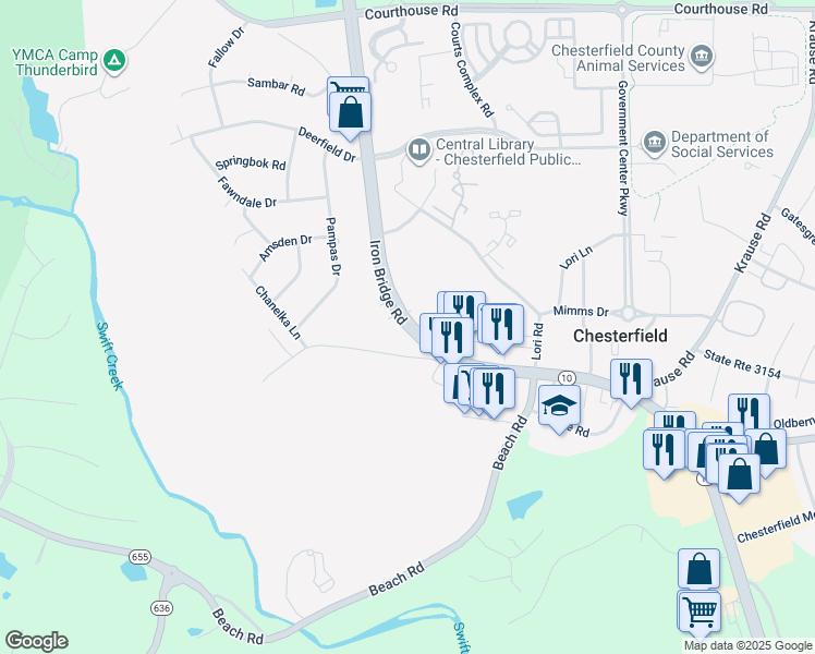 map of restaurants, bars, coffee shops, grocery stores, and more near 9802 Iron Bridge Road in Chesterfield